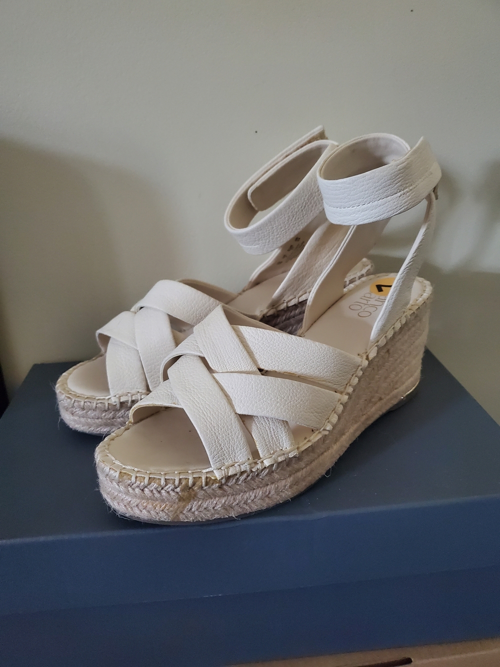 Woven Ankle-Strap Espadrille Wedge Sandals in Cream